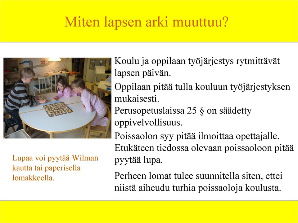 Oppilaan pitää tulla kouluun työjärjestyksen mukaisesti. Perusopetuslaissa 25 on säädetty oppivelvollisuus.