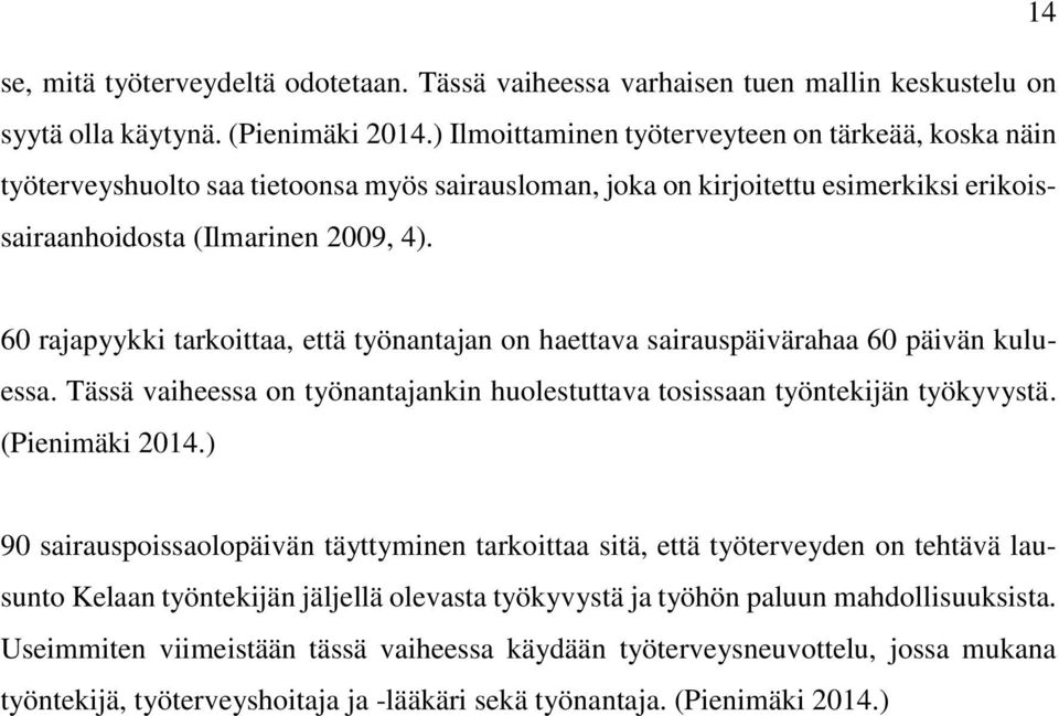 60 rajapyykki tarkoittaa, että työnantajan on haettava sairauspäivärahaa 60 päivän kuluessa. Tässä vaiheessa on työnantajankin huolestuttava tosissaan työntekijän työkyvystä. (Pienimäki 2014.