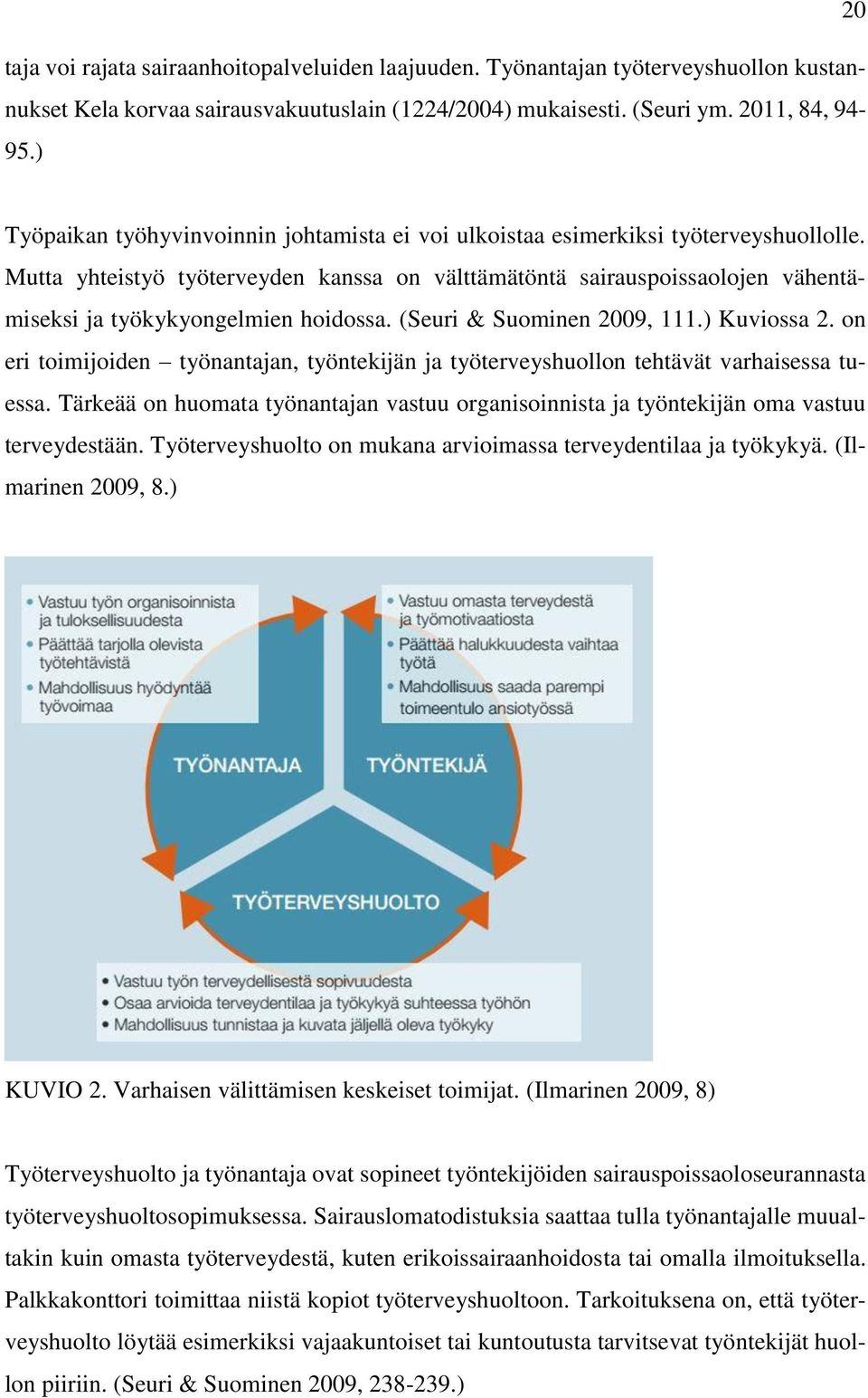 Mutta yhteistyö työterveyden kanssa on välttämätöntä sairauspoissaolojen vähentämiseksi ja työkykyongelmien hoidossa. (Seuri & Suominen 2009, 111.) Kuviossa 2.