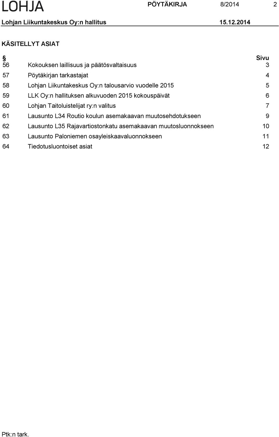 talousarvio vuodelle 2015 5 59 LLK Oy:n hallituksen alkuvuoden 2015 kokouspäivät 6 60 Lohjan Taitoluistelijat ry:n valitus 7 61