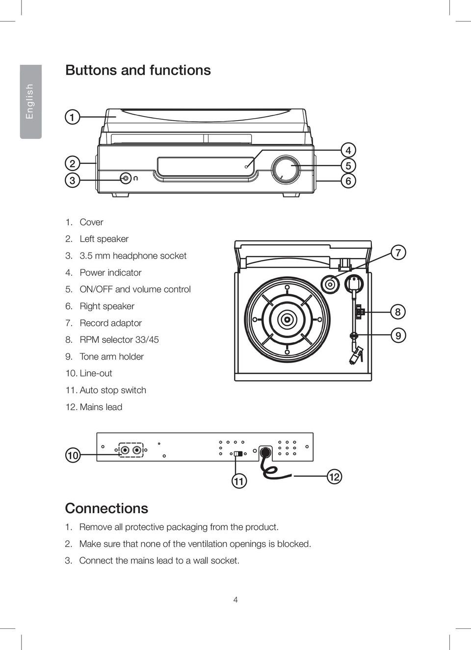 Line-out 11. Auto stop switch 12. Mains lead 10 11 12 Connections 1.