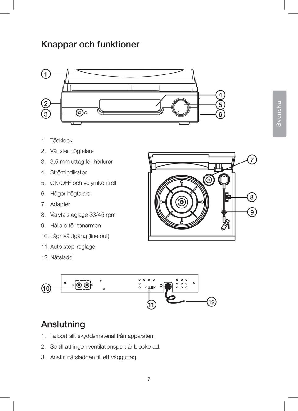 Hållare för tonarmen 10. Lågnivåutgång (line out) 11. Auto stop-reglage 12. Nätsladd 10 11 12 Anslutning 1.