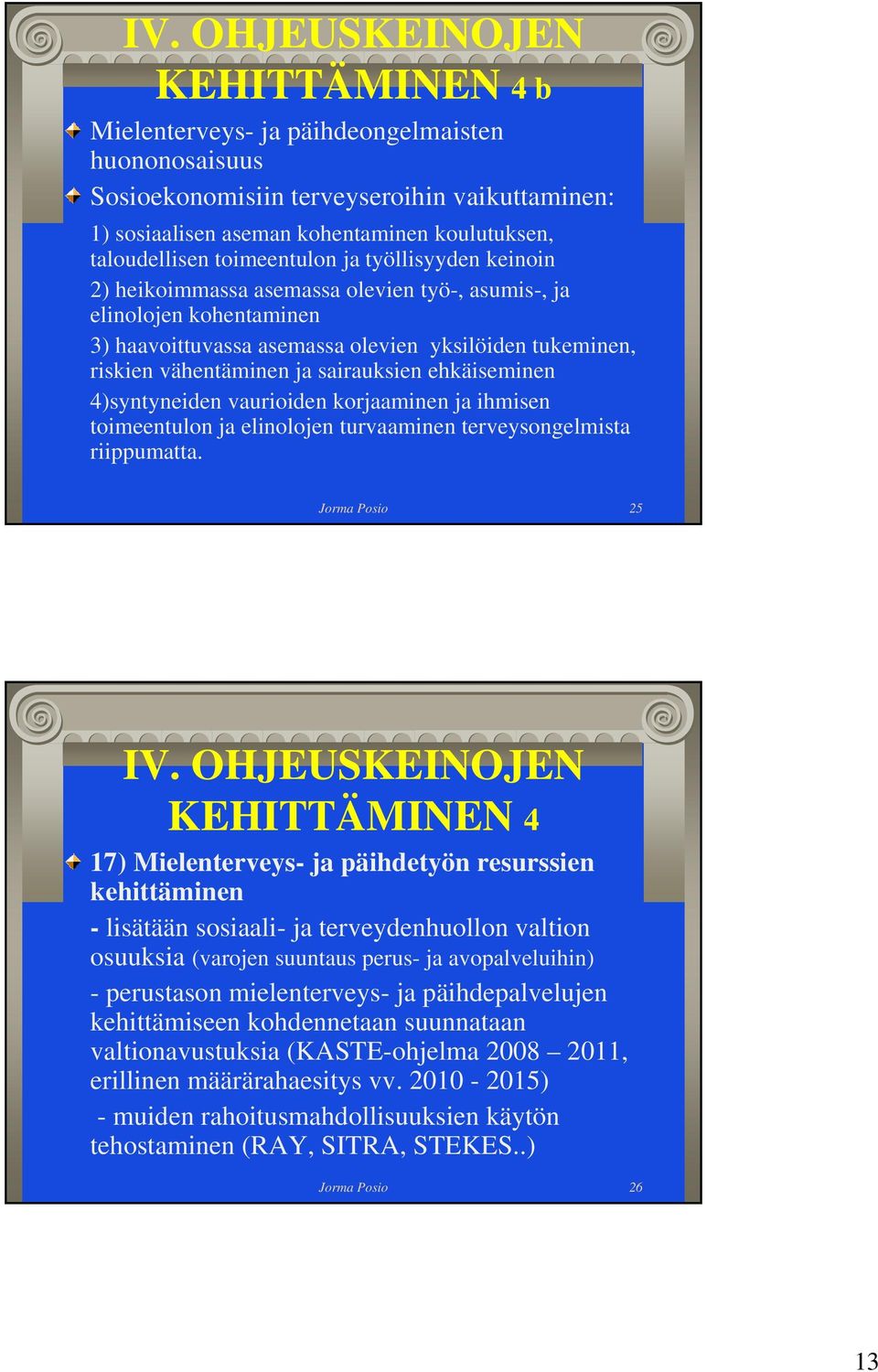 sairauksien ehkäiseminen 4)syntyneiden vaurioiden korjaaminen ja ihmisen toimeentulon ja elinolojen turvaaminen terveysongelmista riippumatta. Jorma Posio 25 IV.