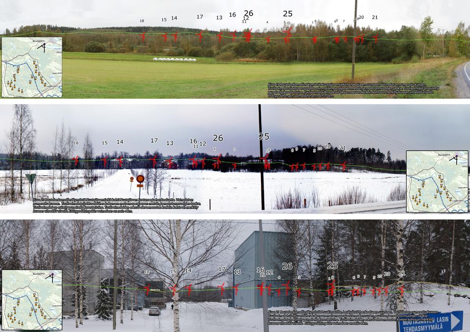 Kuva 20 Rautalankamalli näkymästä Nuutajärventieltä kohti Nuutajärven kartanoa ja hankealuetta. Voimalat on numeroitu kuvaan.
