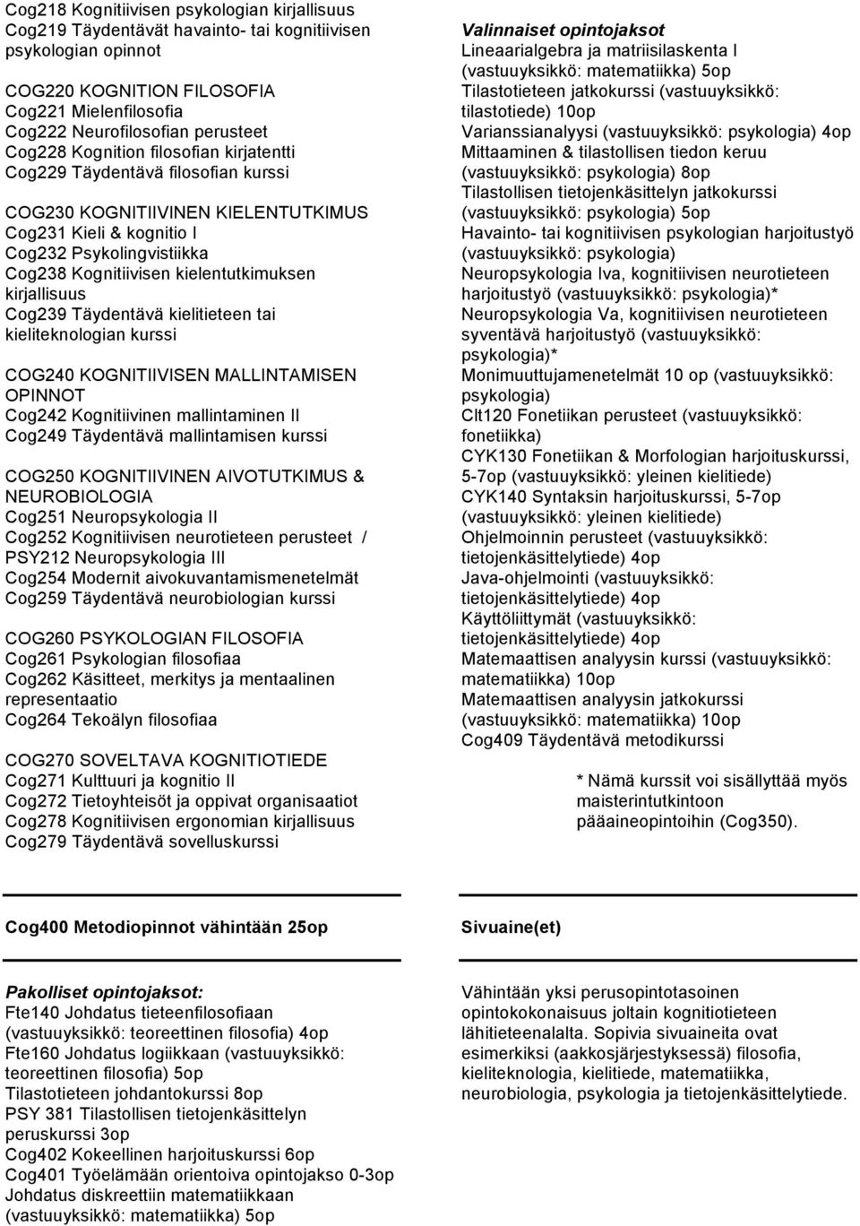 kielentutkimuksen kirjallisuus Cog239 Täydentävä kielitieteen tai kieliteknologian kurssi COG240 KOGNITIIVISEN MALLINTAMISEN OPINNOT Cog242 Kognitiivinen mallintaminen II Cog249 Täydentävä