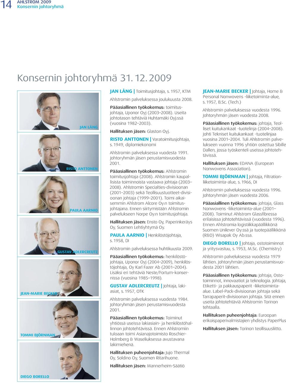 Hallituksen jäsen: Glaston Oyj. RISTO ANTTONEN Varatoimitusjohtaja, s. 1949, diplomiekonomi Ahlstromin palveluksessa vuodesta 1991. Johtoryhmän jäsen perustamis vuodesta 2001.