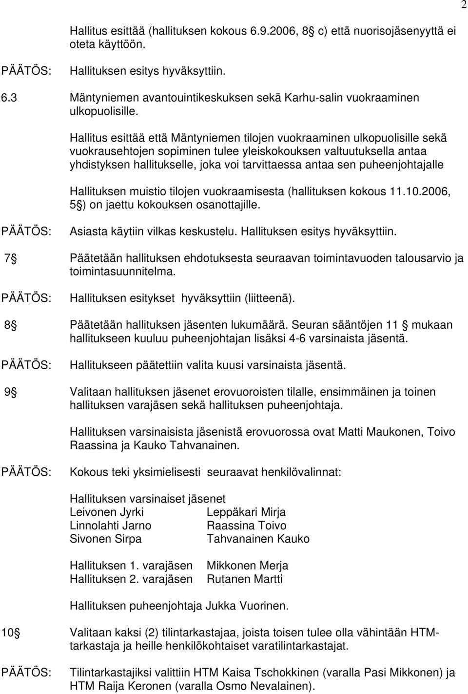 sen puheenjohtajalle Hallituksen muistio tilojen vuokraamisesta (hallituksen kokous 11.10.2006, 5 ) on jaettu kokouksen osanottajille. Asiasta käytiin vilkas keskustelu.