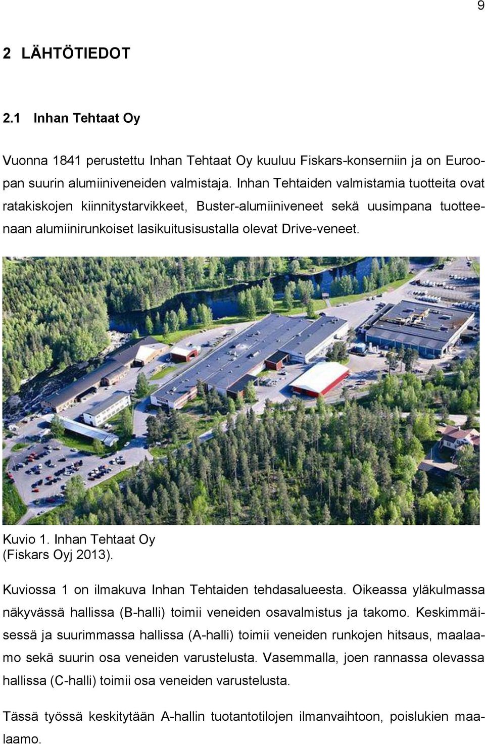 Inhan Tehtaat Oy (Fiskars Oyj 2013). Kuviossa 1 on ilmakuva Inhan Tehtaiden tehdasalueesta. Oikeassa yläkulmassa näkyvässä hallissa (B-halli) toimii veneiden osavalmistus ja takomo.