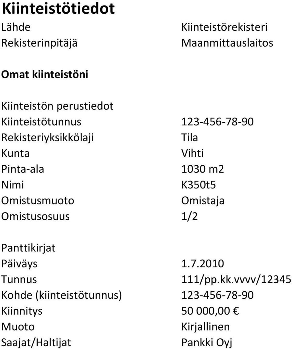 K350t5 Omistusmuoto Omistaja Omistusosuus 1/2 Panttikirjat Päiväys 1.7.2010 Tunnus 111/pp.kk.