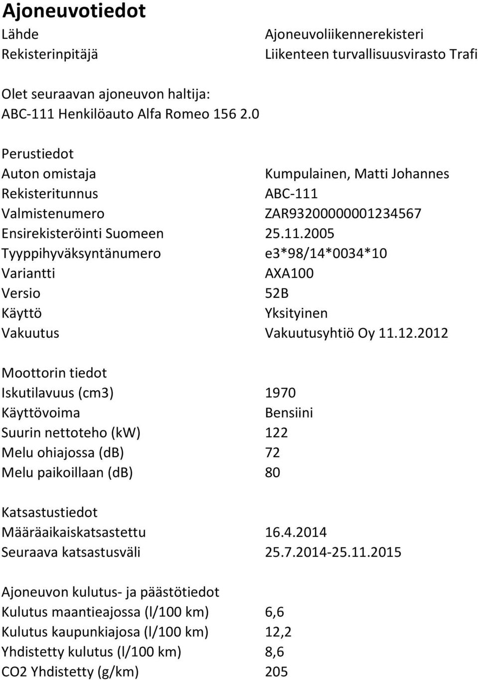 12.2012 Moottorin tiedot Iskutilavuus (cm3) 1970 Käyttövoima Bensiini Suurin nettoteho (kw) 122 Melu ohiajossa (db) 72 Melu paikoillaan (db) 80 Katsastustiedot Määräaikaiskatsastettu 16.4.