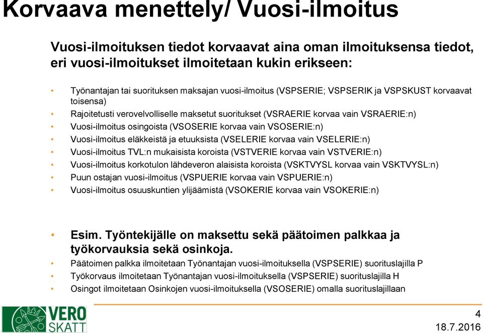 vain VSOSERIE:n) Vuosi-ilmoitus eläkkeistä ja etuuksista (VSELERIE korvaa vain VSELERIE:n) Vuosi-ilmoitus TVL:n mukaisista koroista (VSTVERIE korvaa vain VSTVERIE:n) Vuosi-ilmoitus korkotulon