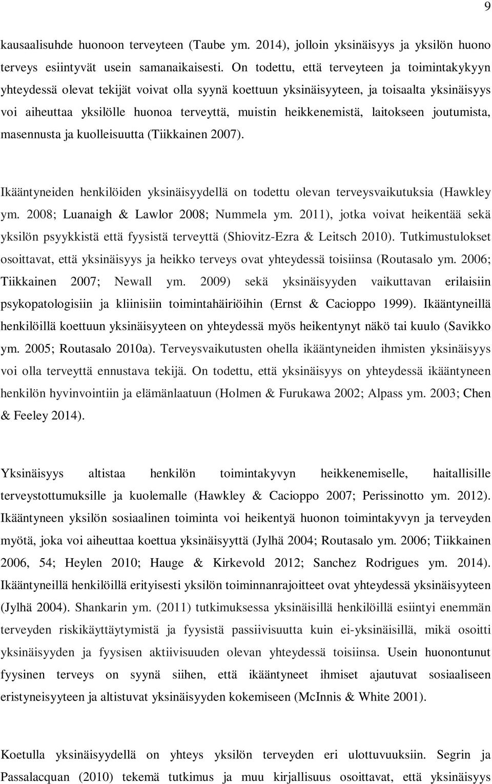 heikkenemistä, laitokseen joutumista, masennusta ja kuolleisuutta (Tiikkainen 2007). Ikääntyneiden henkilöiden yksinäisyydellä on todettu olevan terveysvaikutuksia (Hawkley ym.