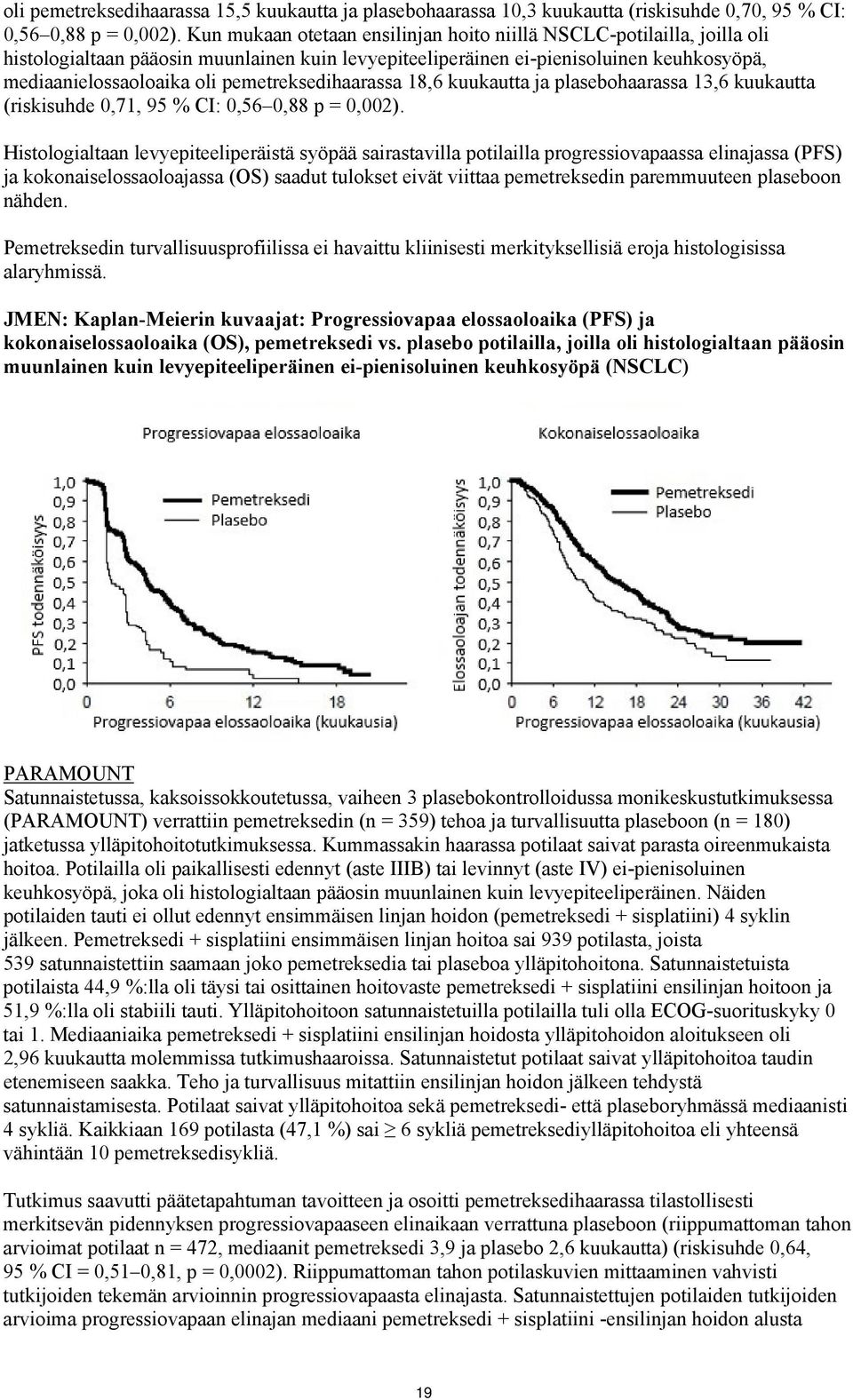 pemetreksedihaarassa 18,6 kuukautta ja plasebohaarassa 13,6 kuukautta (riskisuhde 0,71, 95 % CI: 0,56 0,88 p = 0,002).