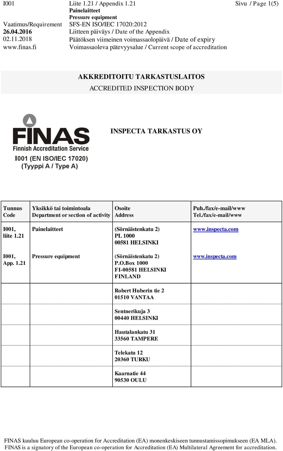 5) AKKREDITOITU TARKASTUSLAITOS ACCREDITED INSPECTION BODY INSPECTA TARKASTUS OY Tunnus Code I001, liite 1.