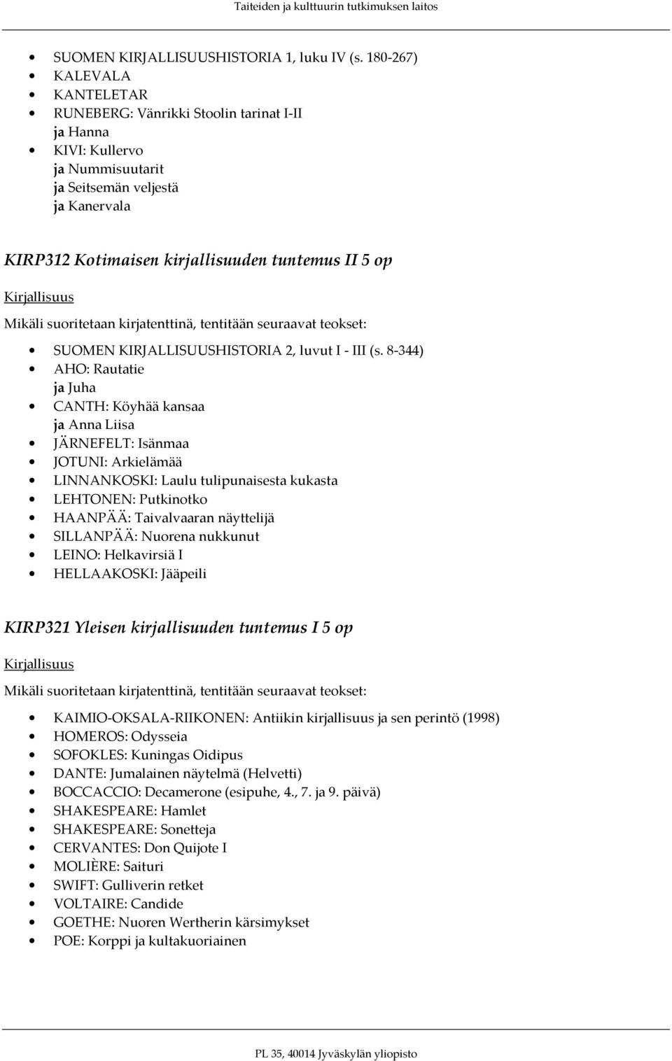 suoritetaan kirjatenttinä, tentitään seuraavat teokset: SUOMEN KIRJALLISUUSHISTORIA 2, luvut I - III (s.