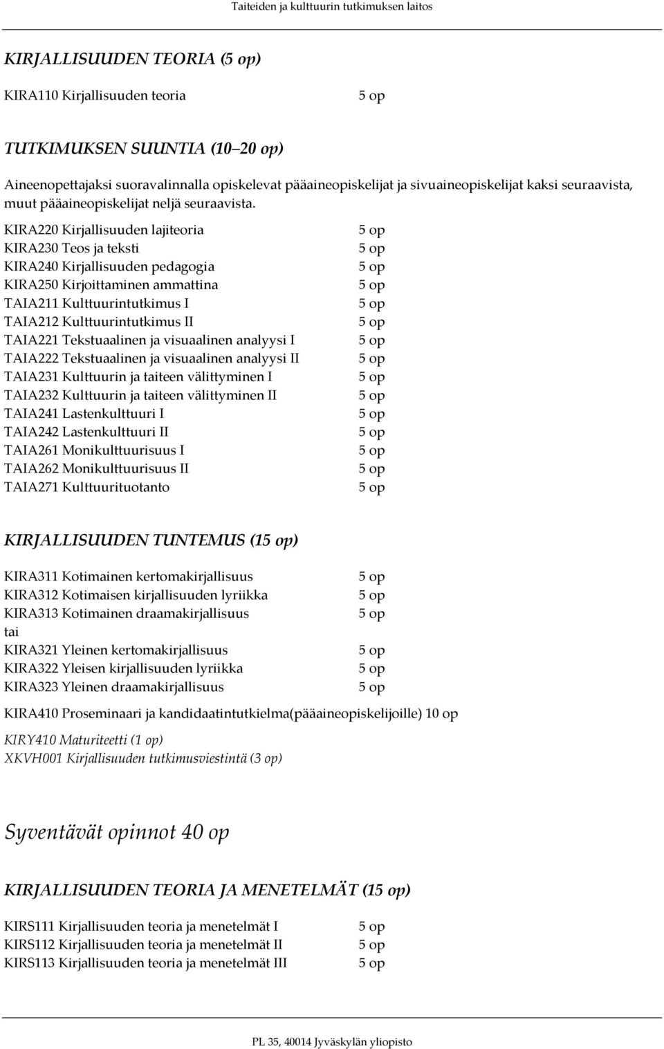 KIRA220 Kirjallisuuden lajiteoria KIRA230 Teos ja teksti KIRA240 Kirjallisuuden pedagogia KIRA250 Kirjoittaminen ammattina TAIA211 Kulttuurintutkimus I TAIA212 Kulttuurintutkimus II TAIA221