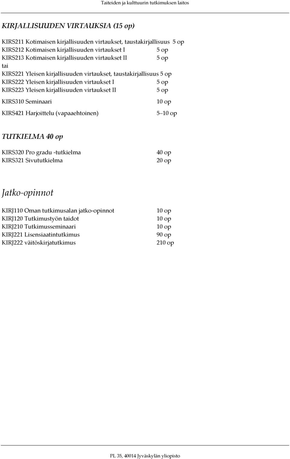 virtaukset II KIRS310 Seminaari KIRS421 Harjoittelu (vapaaehtoinen) 10 op 5 10 op TUTKIELMA 40 op KIRS320 Pro gradu -tutkielma KIRS321 Sivututkielma 40 op 20 op