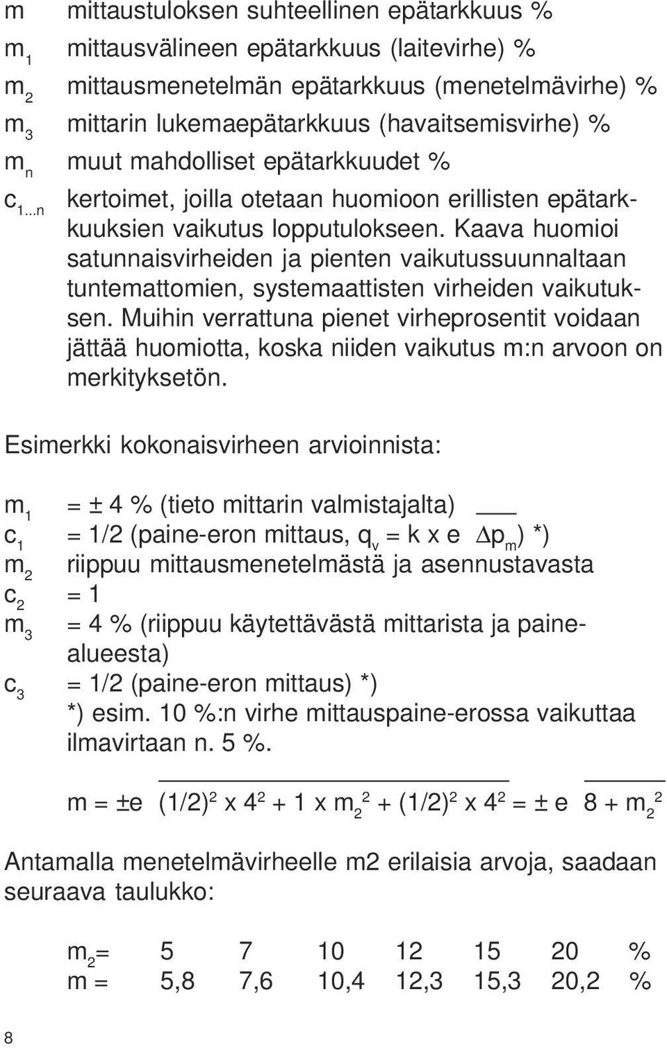 Kaava huomioi satunnaisvirheiden ja pienten vaikutussuunnaltaan tuntemattomien, systemaattisten virheiden vaikutuksen.