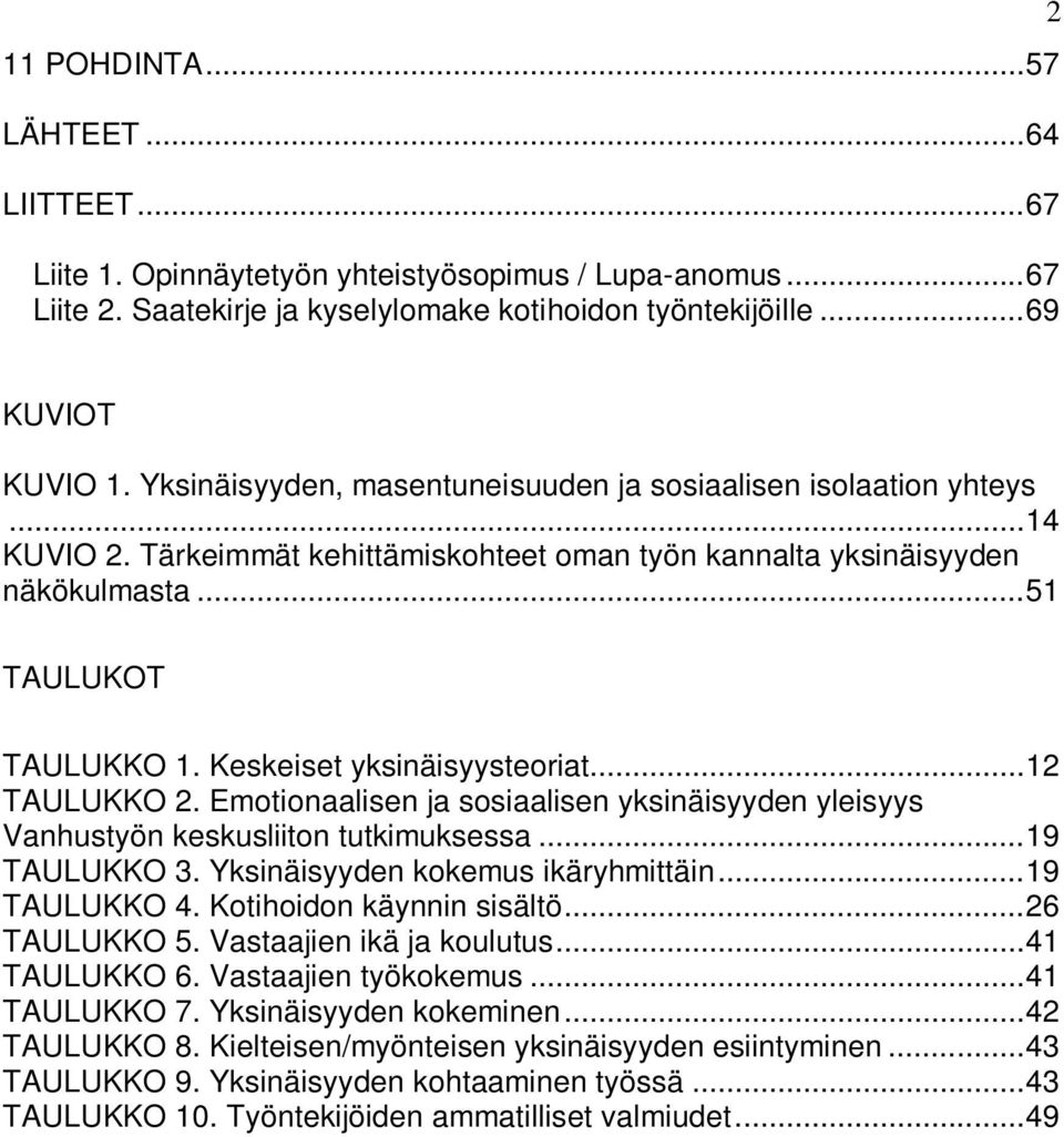 Keskeiset yksinäisyysteoriat...12 TAULUKKO 2. Emotionaalisen ja sosiaalisen yksinäisyyden yleisyys Vanhustyön keskusliiton tutkimuksessa...19 TAULUKKO 3. Yksinäisyyden kokemus ikäryhmittäin.