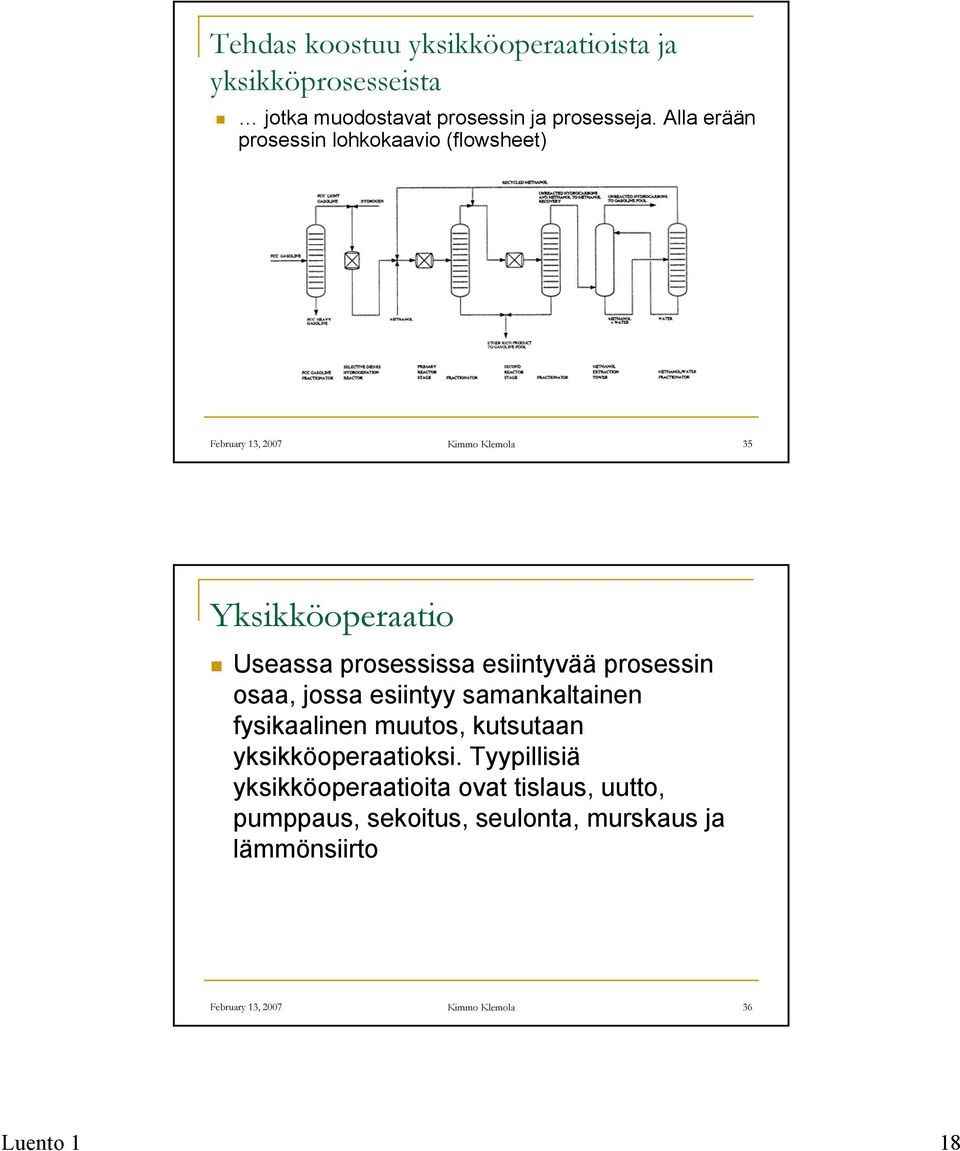 esiintyvää prosessin osaa, jossa esiintyy samankaltainen fysikaalinen muutos, kutsutaan yksikköoperaatioksi.