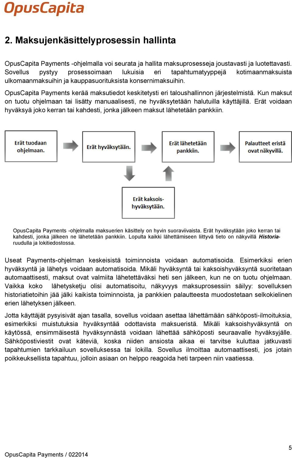 OpusCapita Payments kerää maksutiedot keskitetysti eri taloushallinnon järjestelmistä. Kun maksut on tuotu ohjelmaan tai lisätty manuaalisesti, ne hyväksytetään halutuilla käyttäjillä.