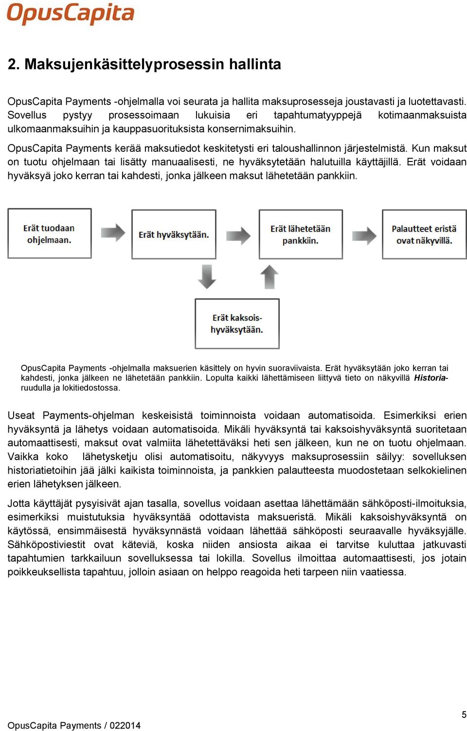 OpusCapita Payments kerää maksutiedot keskitetysti eri taloushallinnon järjestelmistä. Kun maksut on tuotu ohjelmaan tai lisätty manuaalisesti, ne hyväksytetään halutuilla käyttäjillä.