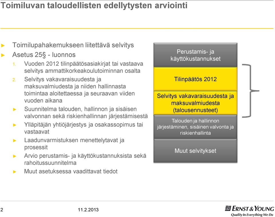 Selvitys vakavaraisuudesta ja maksuvalmiudesta ja niiden hallinnasta toimintaa aloitettaessa ja seuraavan viiden vuoden aikana Suunnitelma talouden, hallinnon ja sisäisen valvonnan sekä