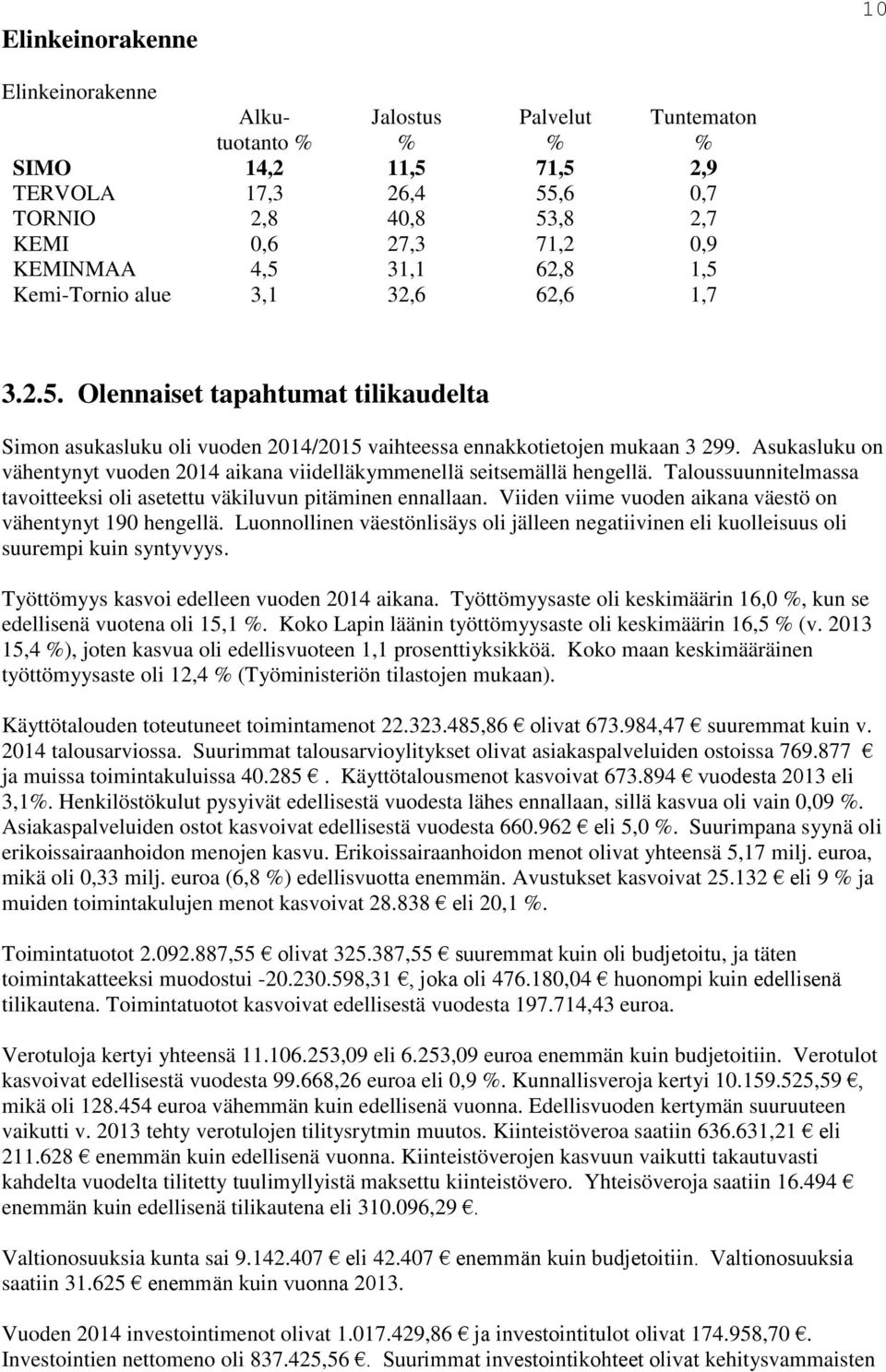 Asukasluku on vähentynyt vuoden 2014 aikana viidelläkymmenellä seitsemällä hengellä. Taloussuunnitelmassa tavoitteeksi oli asetettu väkiluvun pitäminen ennallaan.