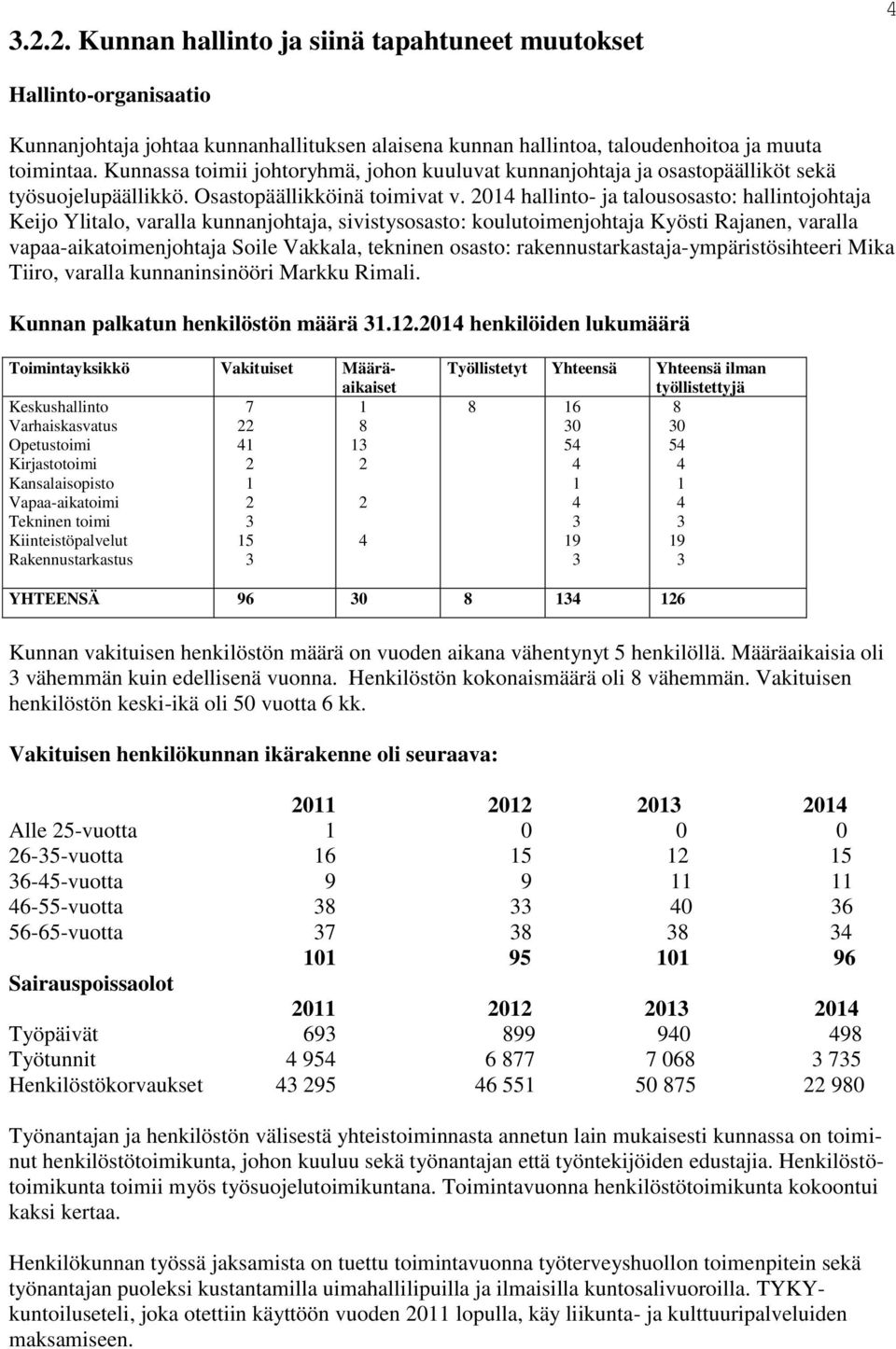 2014 hallinto- ja talousosasto: hallintojohtaja Keijo Ylitalo, varalla kunnanjohtaja, sivistysosasto: koulutoimenjohtaja Kyösti Rajanen, varalla vapaa-aikatoimenjohtaja Soile Vakkala, tekninen