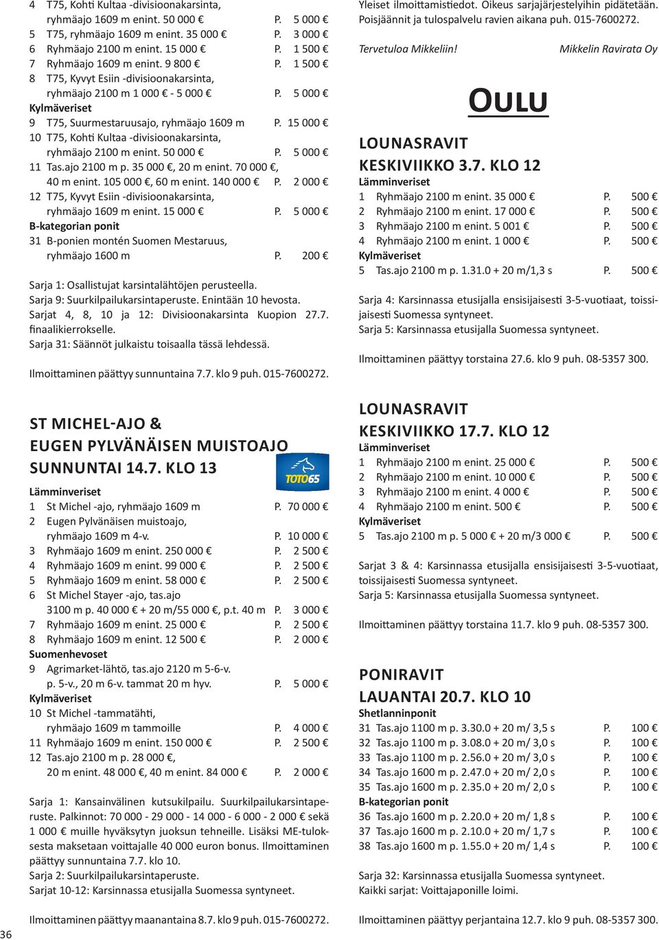 15 000 10 T75, Kohti Kultaa -divisioonakarsinta, ryhmäajo 2100 m enint. 50 000 P. 5 000 11 Tas.ajo 2100 m p. 35 000, 20 m enint. 70 000, 40 m enint. 105 000, 60 m enint. 140 000 P.