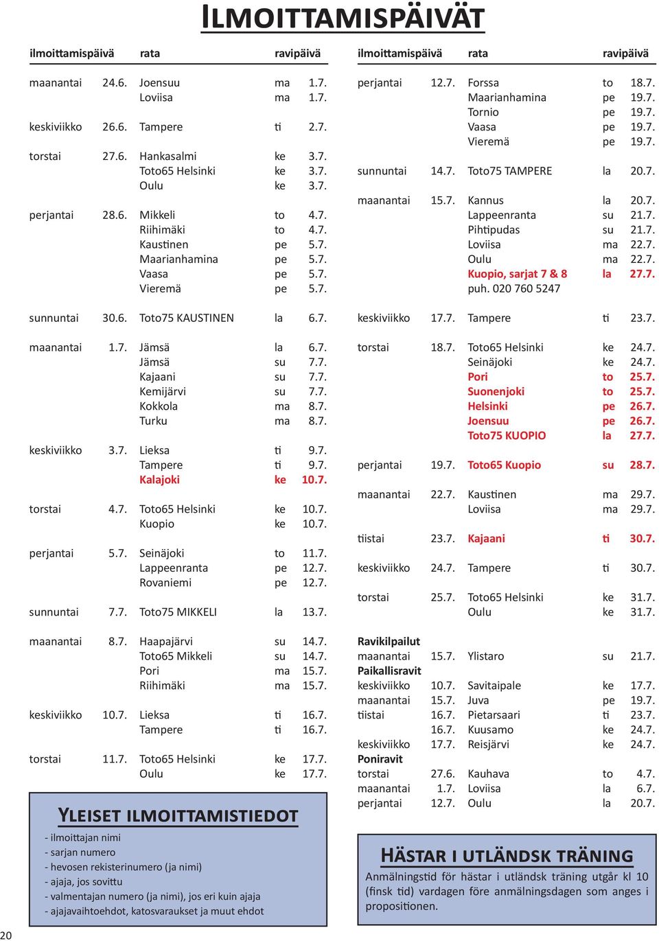 7. Jämsä su 7.7. Kajaani su 7.7. Kemijärvi su 7.7. Kokkola ma 8.7. Turku ma 8.7. keskiviikko 3.7. Lieksa ti 9.7. Tampere ti 9.7. Kalajoki ke 10.7. torstai 4.7. Toto65 Helsinki ke 10.7. Kuopio ke 10.7. perjantai 5.