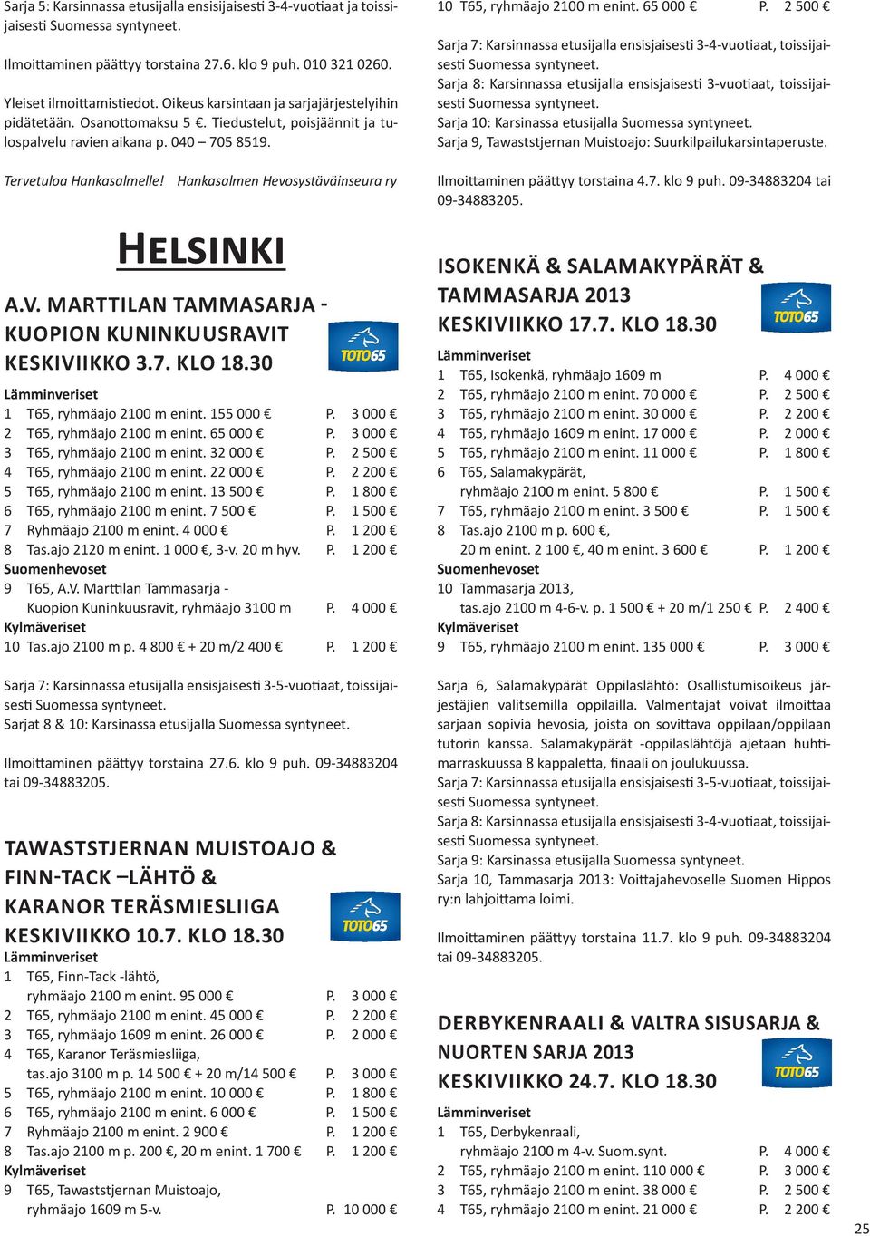 Hankasalmen Hevosystäväinseura ry Helsinki A.V. MARTTILAN TAMMASARJA - KUOPION KUNINKUUSRAVIT KESKIVIIKKO 3.7. KLO 18.30 1 T65, ryhmäajo 2100 m enint. 155 000 P. 3 000 2 T65, ryhmäajo 2100 m enint.