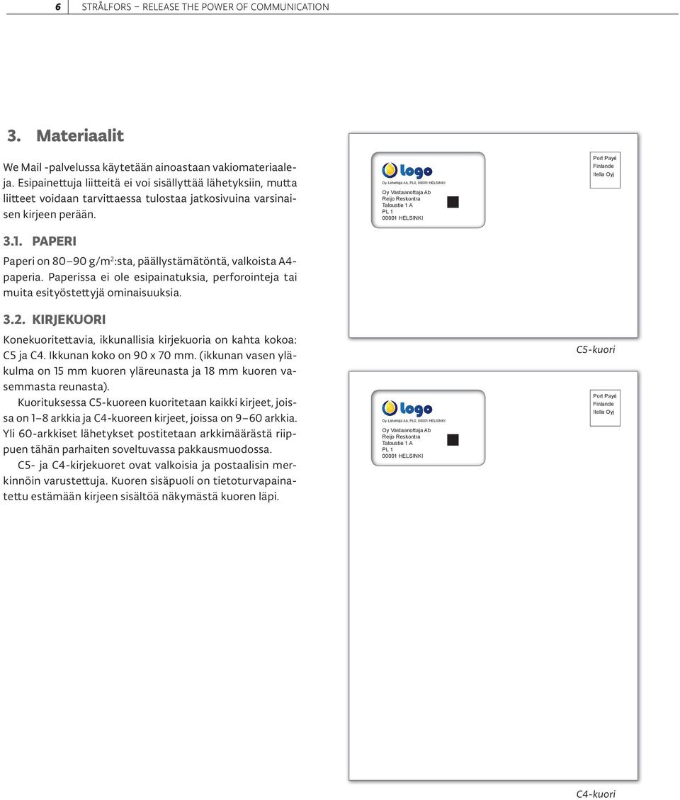 Oy Lähettäjä Ab, PL0, 00001 HELSINKI Oy Vastaanottaja Ab Reijo Reskontra Taloustie 1 A PL 1 00001 HELSINKI Port Payé Finlande Itella Oyj Oy Läh Oy V Reijo Talou PL 1 0000 3.1. PAPERI Paperi on 80 90 g/m 2 :sta, päällystämätöntä, valkoista A4- paperia.