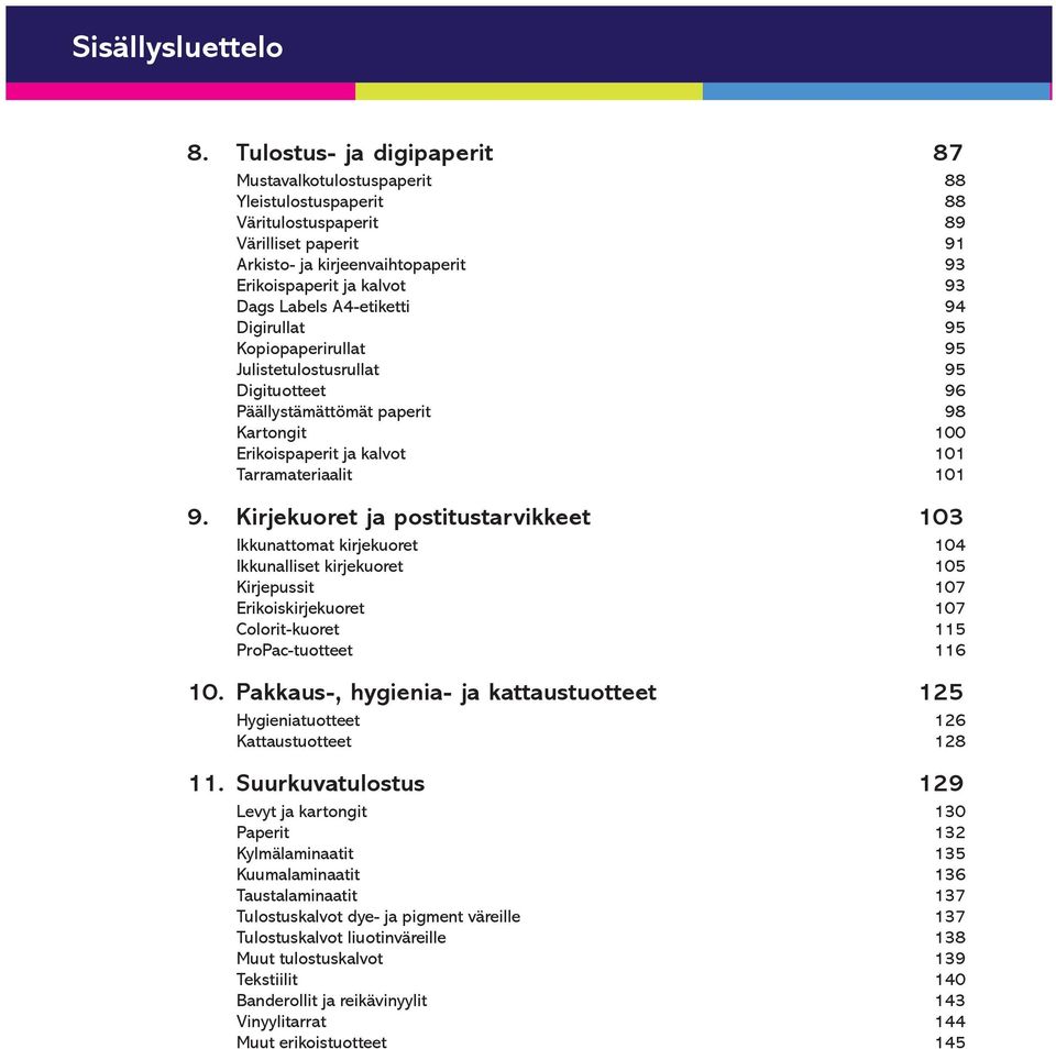 Labels A4-etiketti 94 Digirullat 95 Kopiopaperirullat 95 Julistetulostusrullat 95 Digituotteet 96 Päällystämättömät paperit 98 Kartongit 100 Erikoispaperit ja kalvot 101 Tarramateriaalit 101 9.