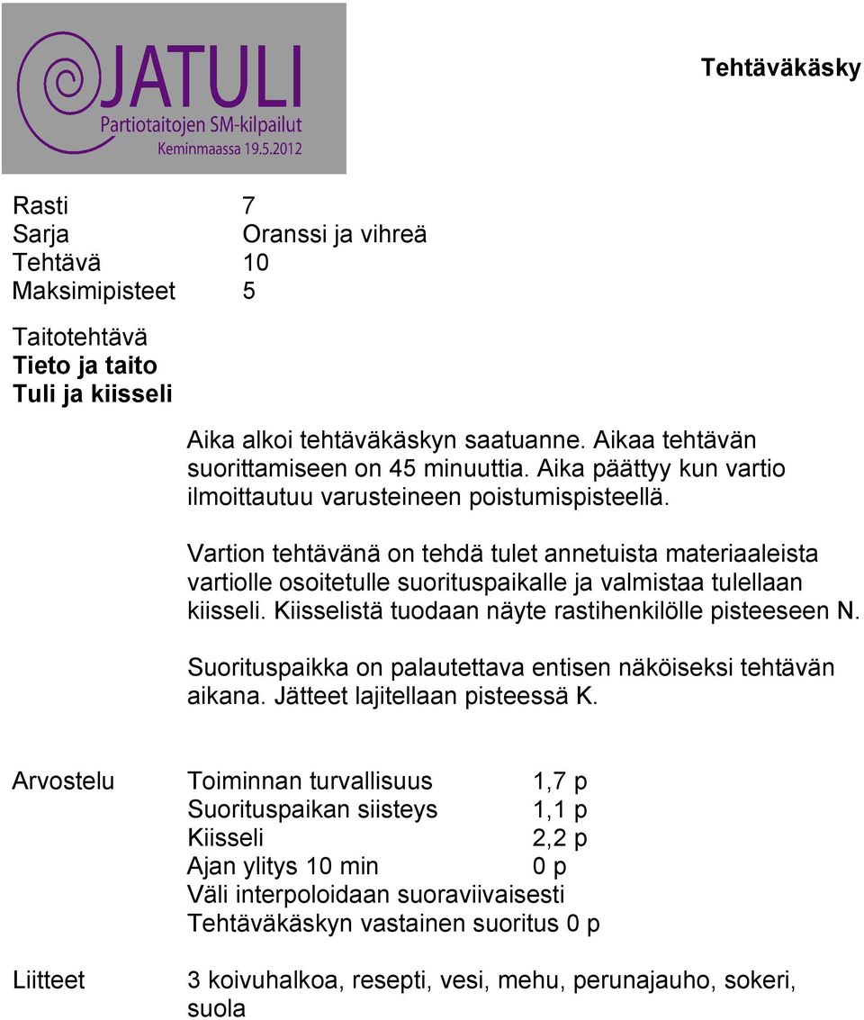 Vartion tehtävänä on tehdä tulet annetuista materiaaleista vartiolle osoitetulle suorituspaikalle ja valmistaa tulellaan kiisseli. Kiisselistä tuodaan näyte rastihenkilölle pisteeseen N.