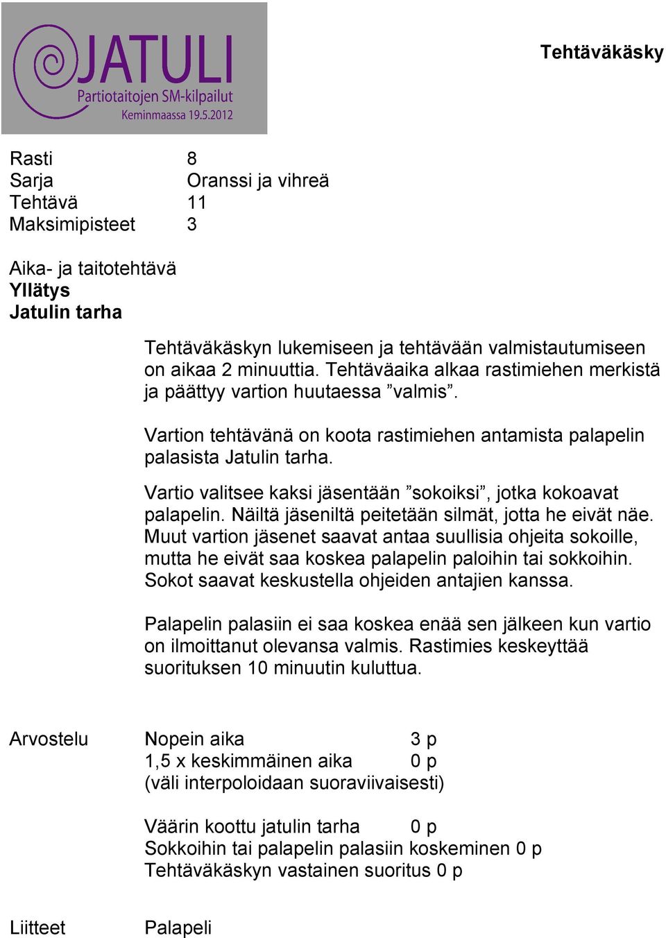 Vartio valitsee kaksi jäsentään sokoiksi, jotka kokoavat palapelin. Näiltä jäseniltä peitetään silmät, jotta he eivät näe.