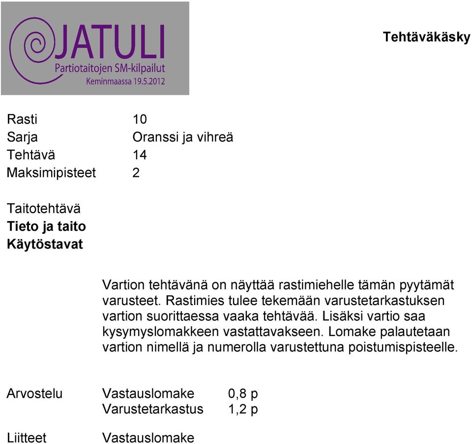 Rastimies tulee tekemään varustetarkastuksen vartion suorittaessa vaaka tehtävää.