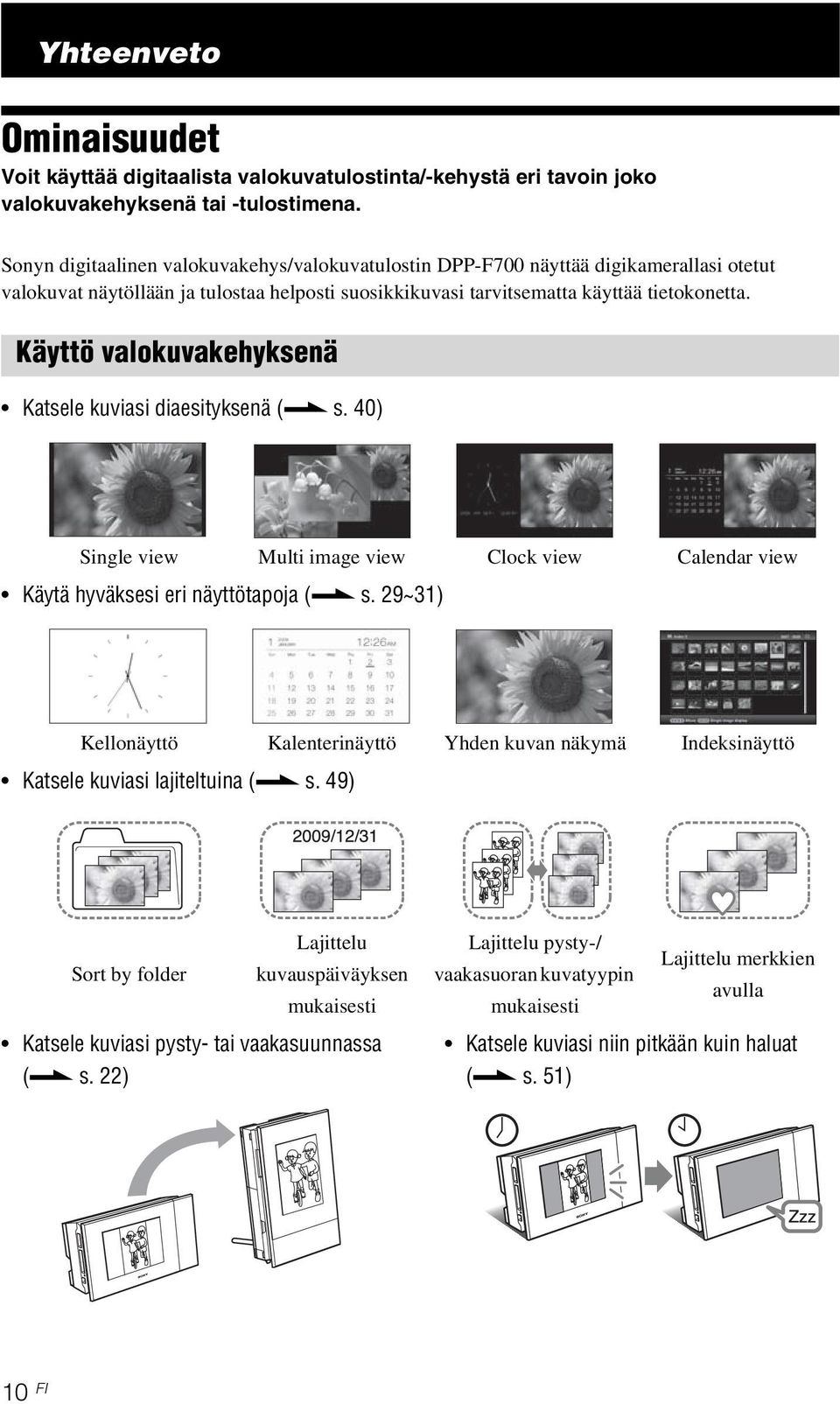 Käyttö valokuvakehyksenä Katsele kuviasi diaesityksenä (. s. 40) Single view Multi image view Clock view Calendar view Käytä hyväksesi eri näyttötapoja (. s. 29~31) Kellonäyttö Kalenterinäyttö Yhden kuvan näkymä Indeksinäyttö Katsele kuviasi lajiteltuina (.