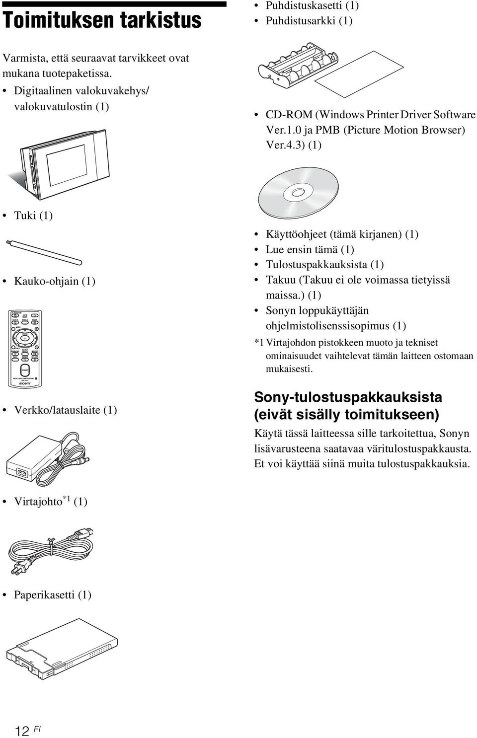 3) (1) Tuki (1) Kauko-ohjain (1) Verkko/latauslaite (1) Käyttöohjeet (tämä kirjanen) (1) Lue ensin tämä (1) Tulostuspakkauksista (1) Takuu (Takuu ei ole voimassa tietyissä maissa.