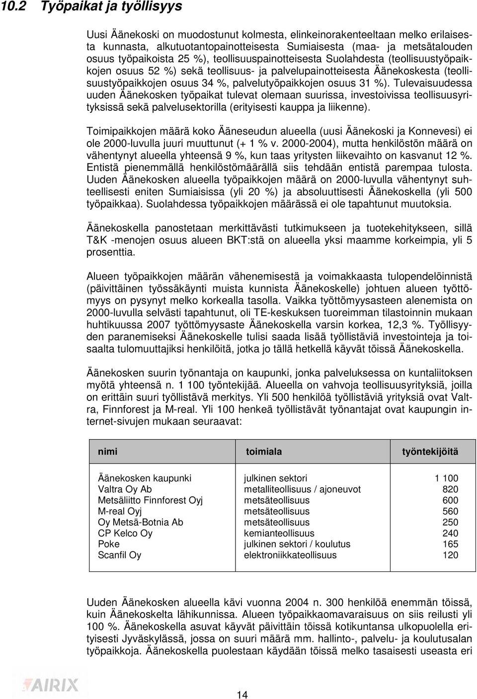 palvelutyöpaikkojen osuus 31 %). Tulevaisuudessa uuden Äänekosken työpaikat tulevat olemaan suurissa, investoivissa teollisuusyrityksissä sekä palvelusektorilla (erityisesti kauppa ja liikenne).