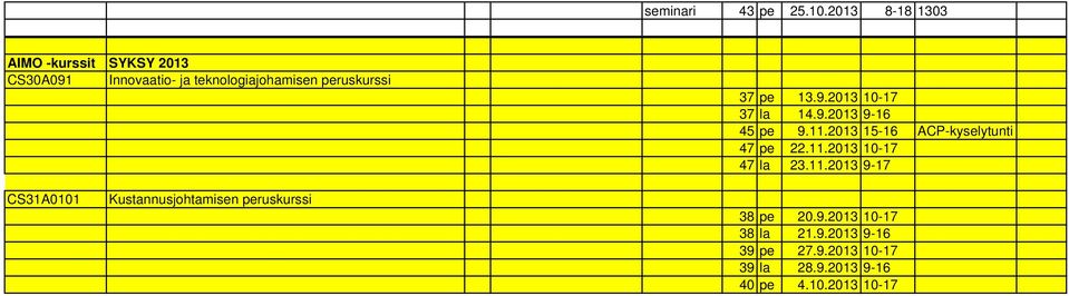 37 pe 13.9.2013 10-17 37 la 14.9.2013 9-16 45 pe 9.11.2013 15-16 ACP-kyselytunti 47 pe 22.11.2013 10-17 47 la 23.