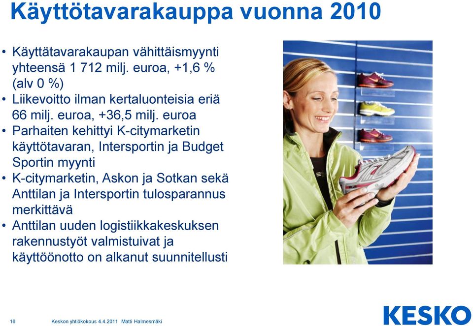 euroa Parhaiten kehittyi K-citymarketin käyttötavaran, Intersportin ja Budget Sportin myynti K-citymarketin, Askon