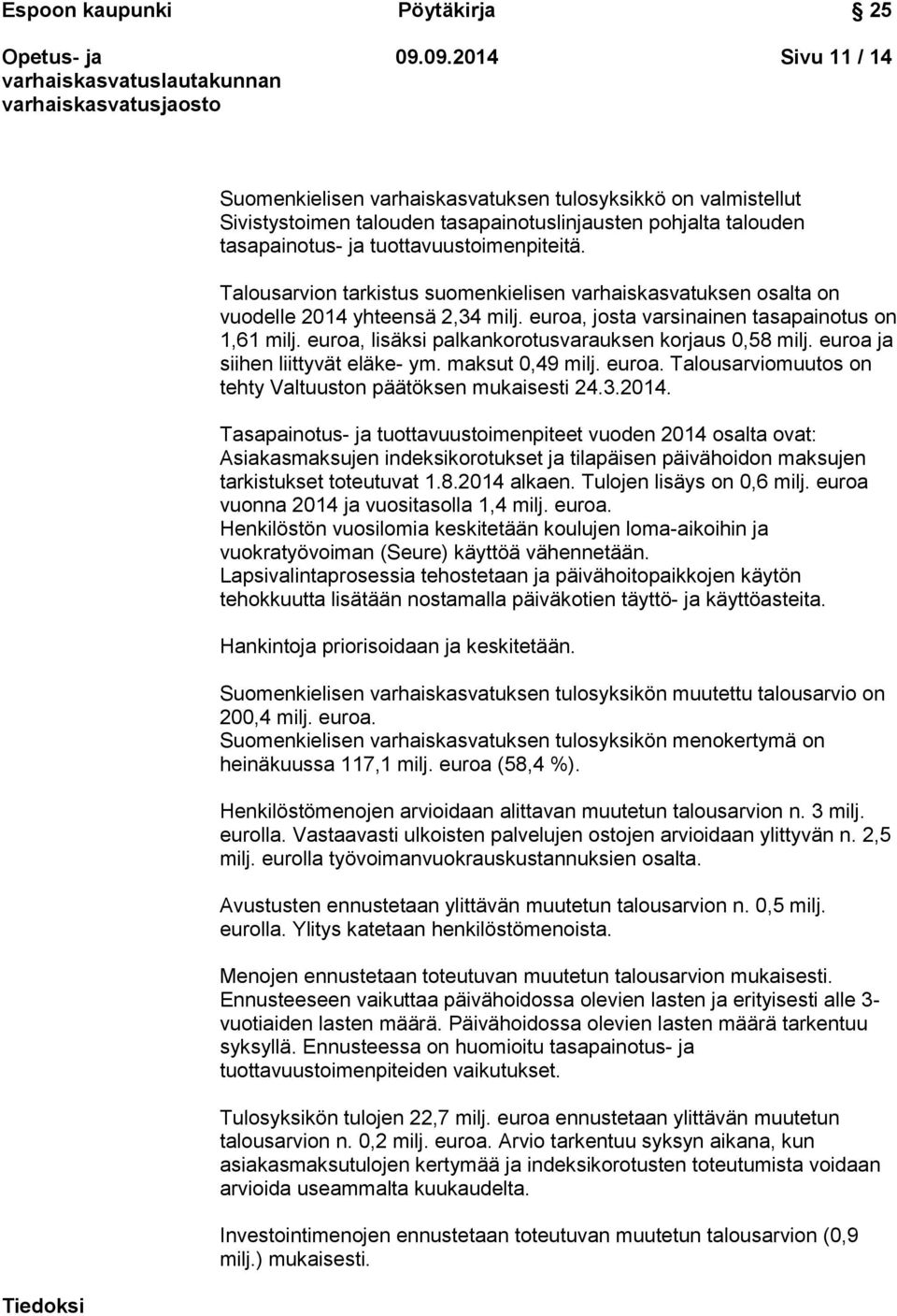 Talousarvion tarkistus suomenkielisen varhaiskasvatuksen osalta on vuodelle 2014 yhteensä 2,34 milj. euroa, josta varsinainen tasapainotus on 1,61 milj.