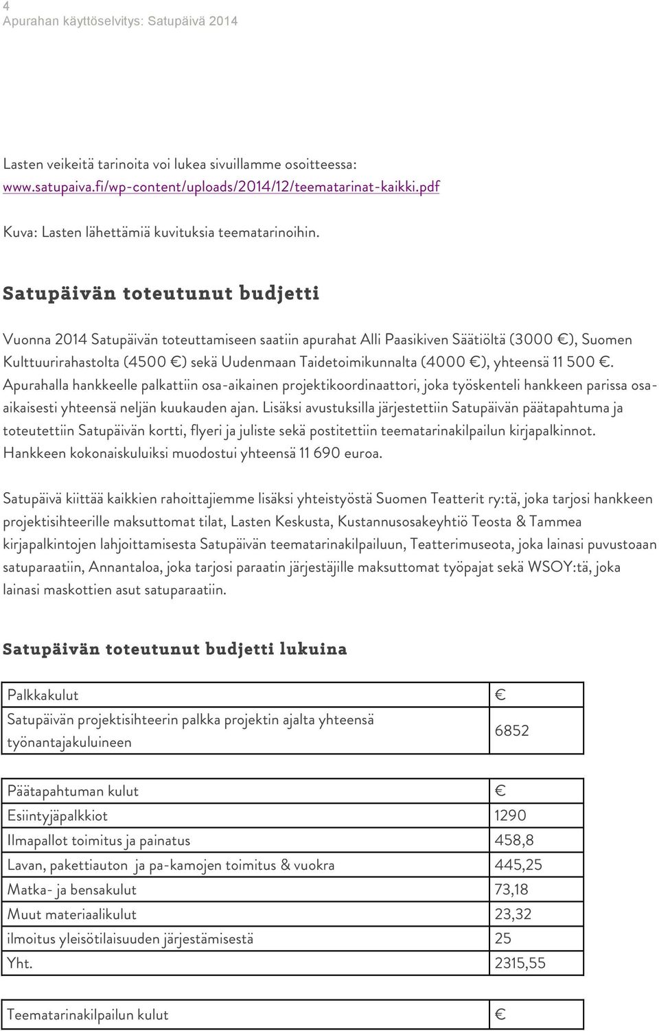 yhteensä 11 500. Apurahalla hankkeelle palkattiin osa-aikainen projektikoordinaattori, joka työskenteli hankkeen parissa osaaikaisesti yhteensä neljän kuukauden ajan.