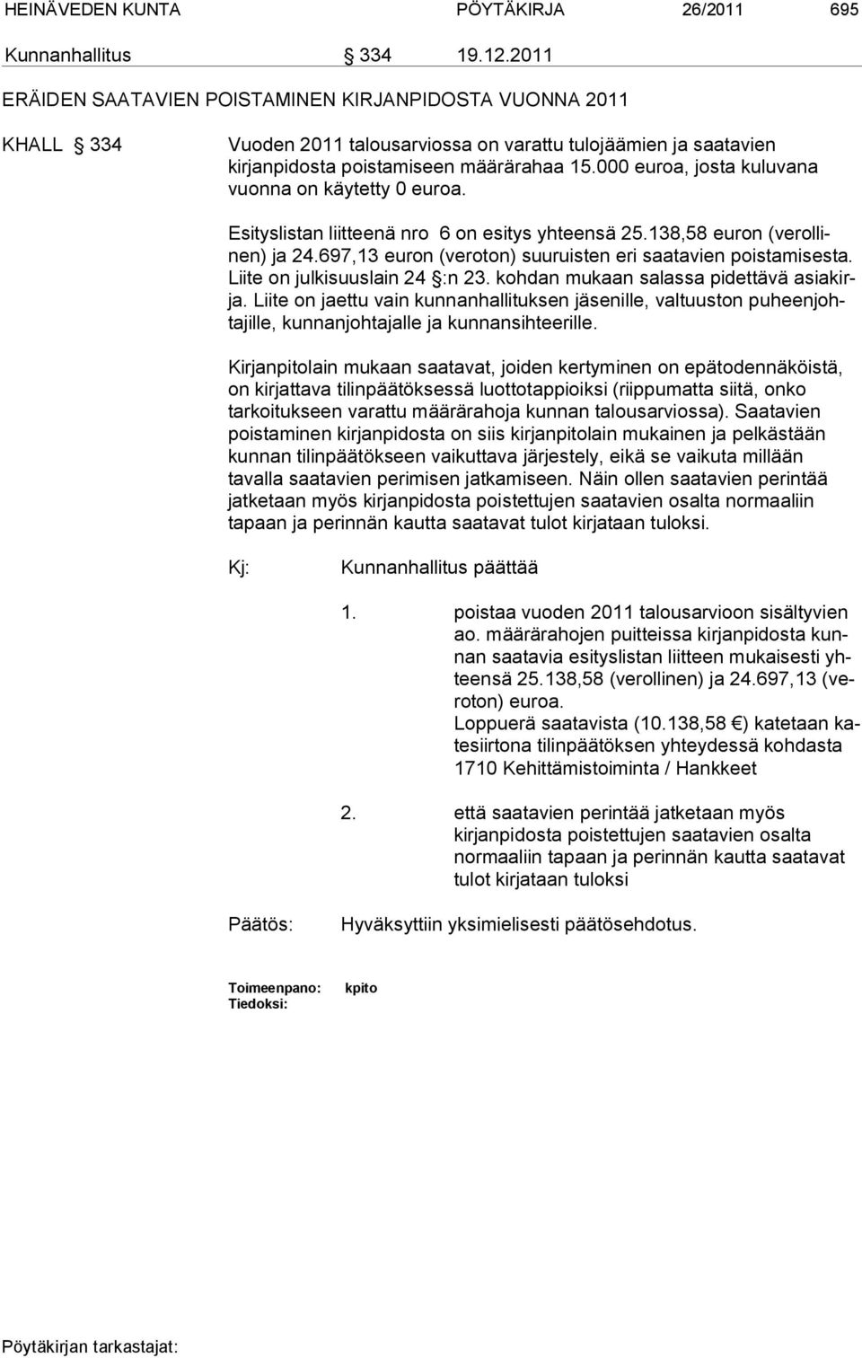 000 euroa, josta kuluvana vuonna on käytetty 0 euroa. Esityslistan liitteenä nro 6 on esitys yhteensä 25.138,58 euron (verollinen) ja 24.697,13 euron (vero ton) suuruisten eri saatavien poistamisesta.