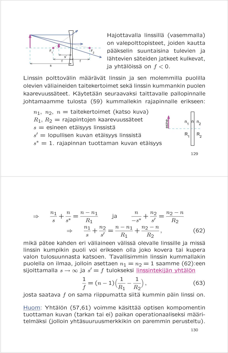 Käytetään seuraavaksi taittavalle pallopinnalle johtamaamme tulosta (59) kummallekin rajapinnalle erikseen: n, n 2, n = taitekertoimet (katso kuva), 2 = rajapintojen kaarevuussäteet s = esineen