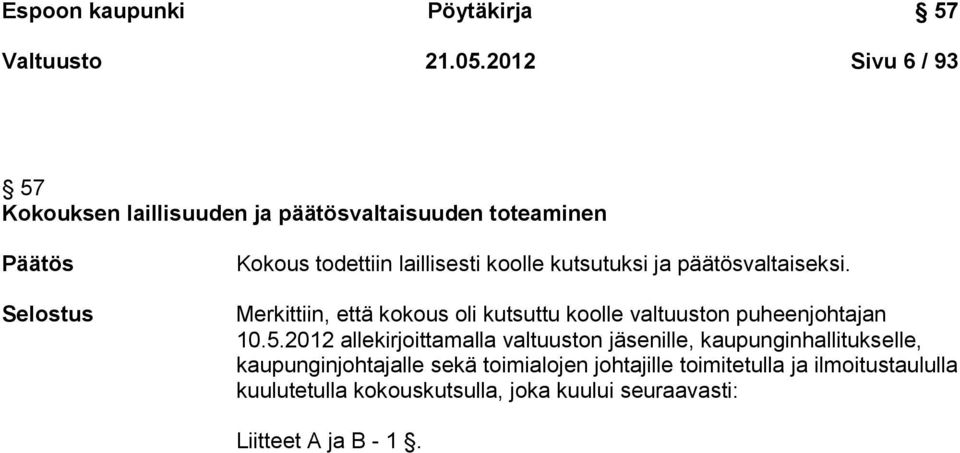 koolle kutsutuksi ja päätösvaltaiseksi. Merkittiin, että kokous oli kutsuttu koolle valtuuston puheenjohtajan 10.5.