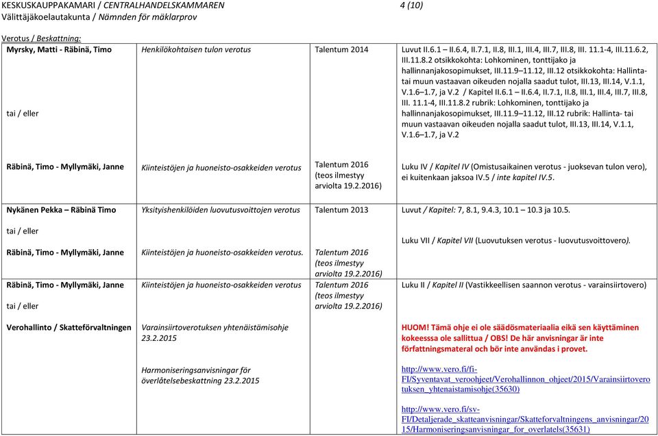 12 otsikkokohta: Hallintatai muun vastaavan oikeuden nojalla saadut tulot, III.13, III.14, V.1.1, V.1.6 1.7, ja V.2 / Kapitel II.6.1 II.6.4, II.7.1, II.8, III.1, III.4, III.7, III.8, III. 11.1-4, III.