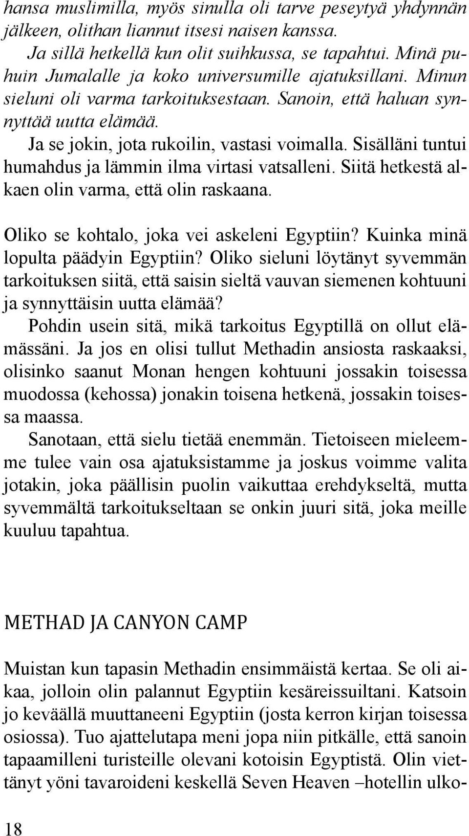 Sisälläni tuntui humahdus ja lämmin ilma virtasi vatsalleni. Siitä hetkestä alkaen olin varma, että olin raskaana. Oliko se kohtalo, joka vei askeleni Egyptiin? Kuinka minä lopulta päädyin Egyptiin?