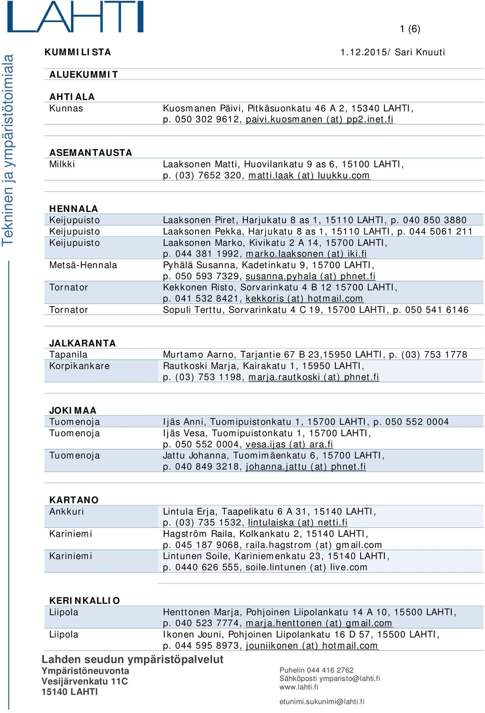 040 850 3880 Keijupuisto Laaksonen Pekka, Harjukatu 8 as 1, 15110 LAHTI, p. 044 5061 211 Keijupuisto Laaksonen Marko, Kivikatu 2 A 14, 15700 LAHTI, p. 044 381 1992, marko.laaksonen (at) iki.